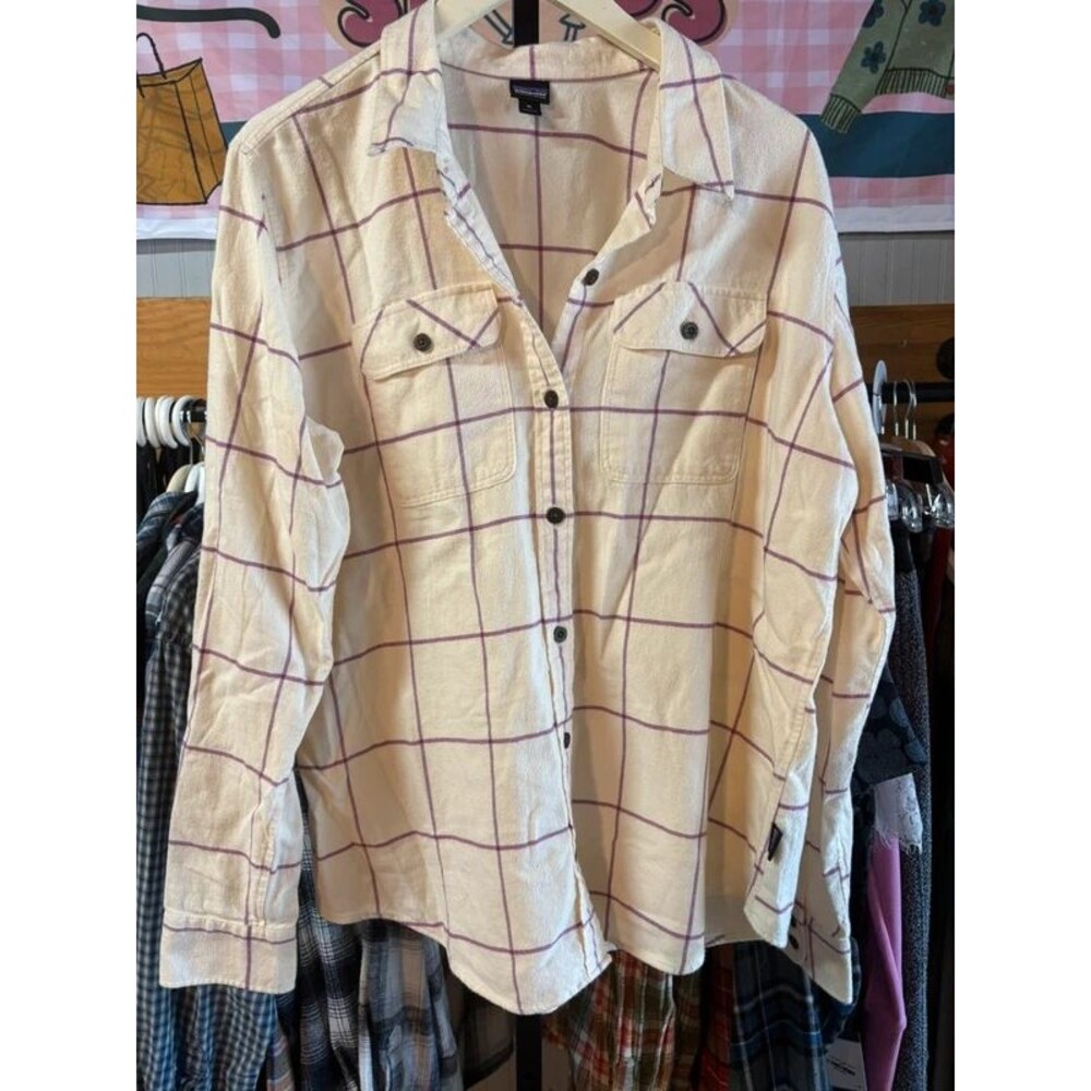 PATAGONIA XL ORGANIC COTTON flannel long sleeve cream and purple
